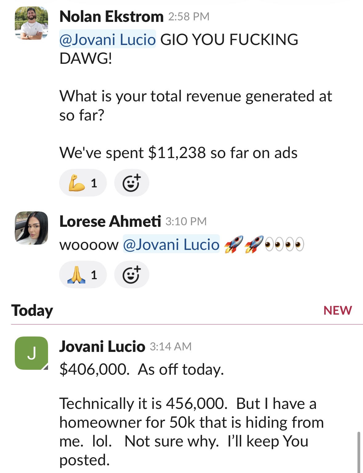 Client update: $406,000 in revenue generated from $11,238 in ad spend